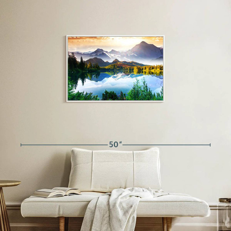 Montagne et lac au lever du soleil, Cadre flottant blanc, 31 po x 21 po