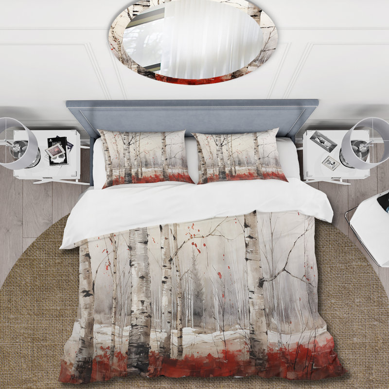 Bois de bouleau rouge en hiver II - ensemble de housse de couette floral - microfibre de polyester