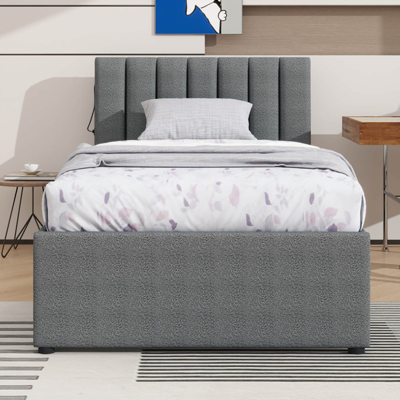 Lit plateforme simple tapissier avec lit gigogne sous le lit, Gris