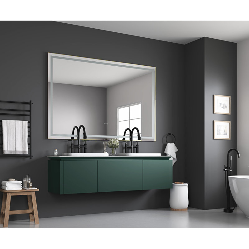 Miroir de salle de bain 72 po x 48 po Brouillard, 3 options de couleur, gradation continue. Fixé au mur avec cadre en aluminium brossé doré et miroir de coiffeuse personnalisable à luminosité et lumières avant et arrière. Fixé,