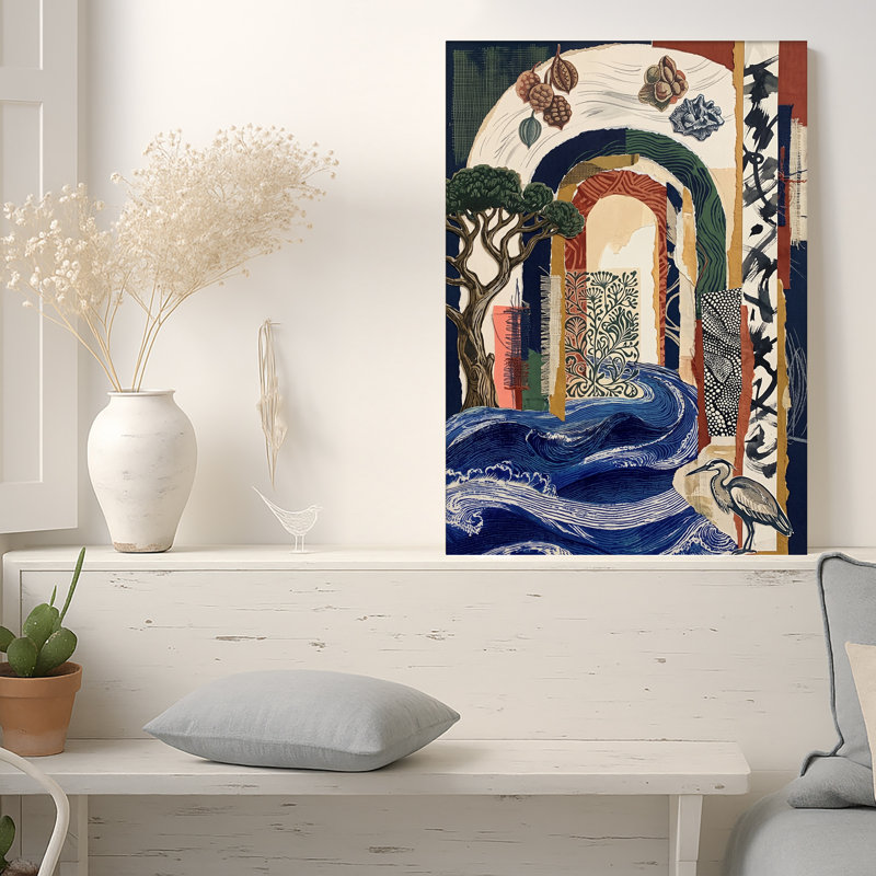 «Blue Ocean Waves and Heron in Collage Style», art mural sur toile, H 48 po x l 36 po