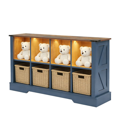 8 Cube Bookcase with Led Lights, Mid-Century Modern Bookshelf, Retro Wood Bookshelves Storage Organizer Shelf, Freestanding Open Book Shelves for Toy Room, Bedroom, Living Room, Office