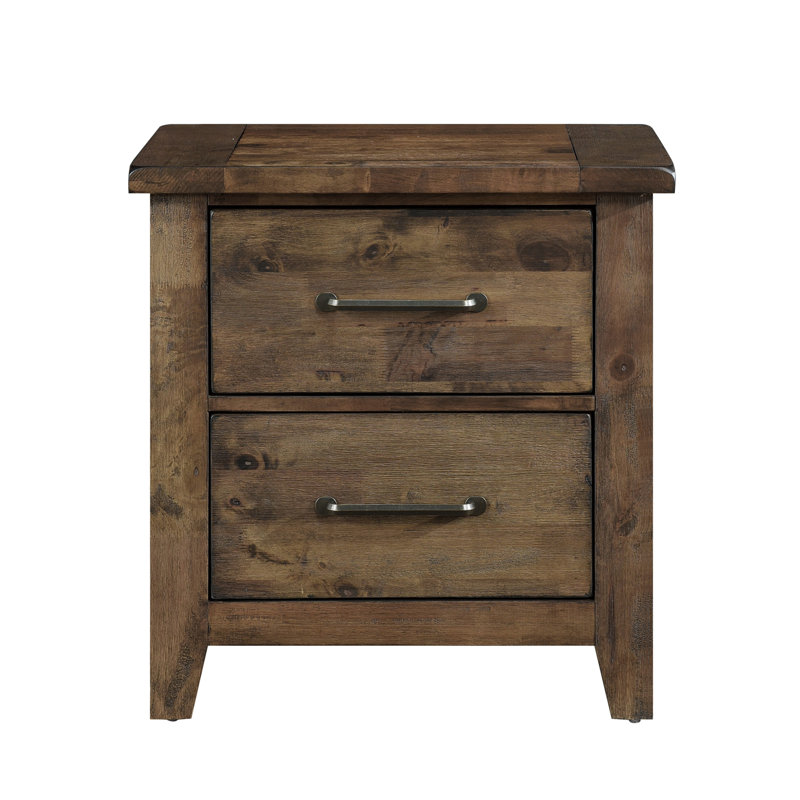 Table de chevet à 2 tiroirs avec table de chevet en bois d'hévéa massif, finition brunie, rustique classique