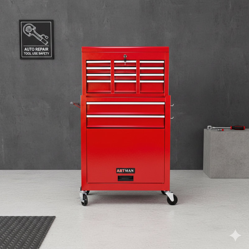Coffre à outils de grande capacité avec roulettes et huit tiroirs pour le rangement organisé - Finition rouge, Rouge