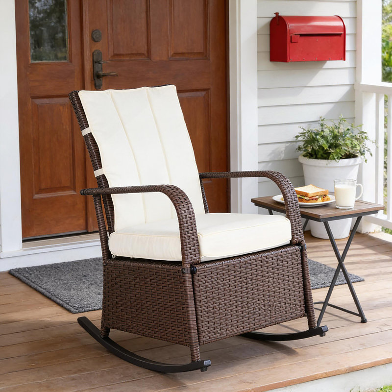 Fauteuil inclinable et berçant en rotin d'extérieur, Brun, Blanc