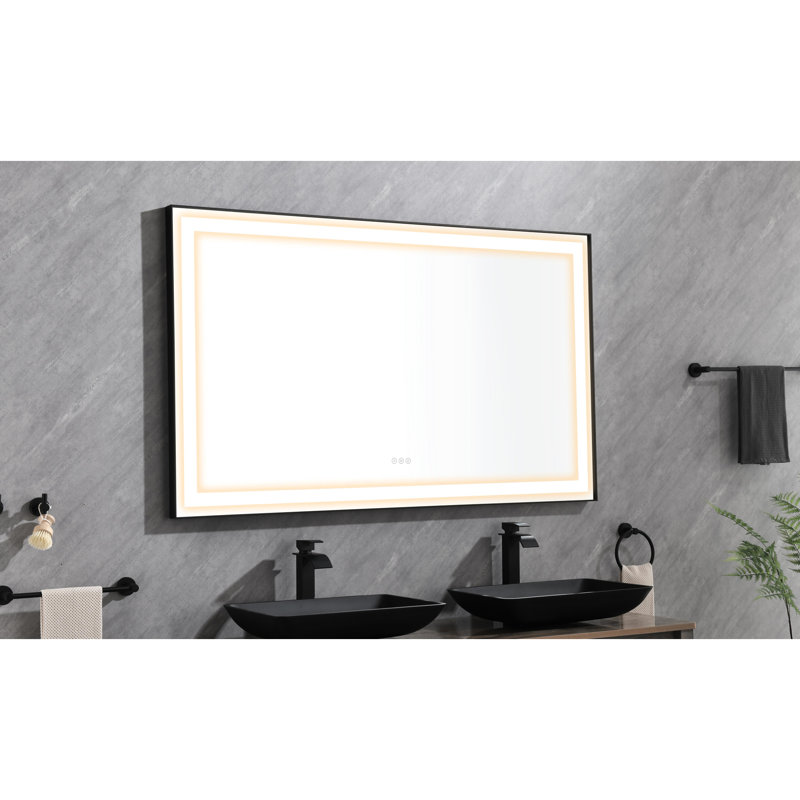 Grand miroir de brouillard pour salle de bain à DEL de 96 po x 36 po à fixation murale noir avec lumières à intensité variable option 96 po x 36 po, montage en 3 couleurs (installation polyvalente)