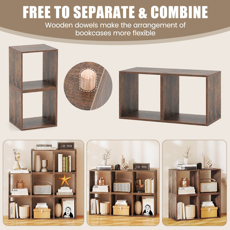 2 PCS Stackable Storage Cube Free-standing Storage Organizer Bookcase for Bedroom Brown