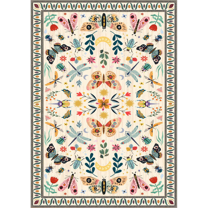 Beige Butterfly Insect Area Rug 5x7 Machine Washable with Non-Slip Backing for Bedroom Living Room, Beige