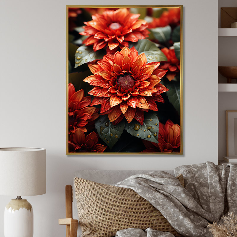 Fleurs de tournesol rouges - tournesols, art mural, Cadre flottant doré, H 32 po x l 16 po