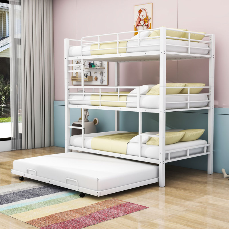 Lit superposé simple au-dessus de simple au-dessus de simple avec lit gigogne Amrika, Blanc