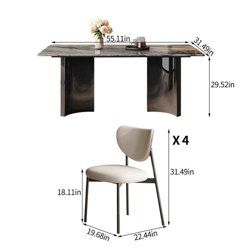 Luxury Modern Rectangular Marble Dining Table Set, 29.52"H x 55.11"L x 31.49"W, 5 Pieces: Table, 4 Chairs