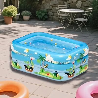 Inflatable Rectangle Ocean Ball Pool With Foot Pump - 59"X41"X22" Portable Summer Swimming Pool For Family Backyard Fun, Vibrant Blue Beach Theme Design With Palm Trees & Marine Life, Lightweight & Easy Storage, Perfect Holiday Gift For Mother’S Day, Labo