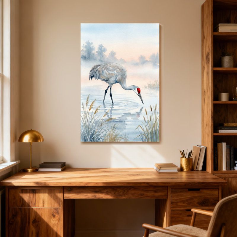 Animaux grue dans l'eau avec des roseaux et un ciel brumeux, H 18 po x l 12 po