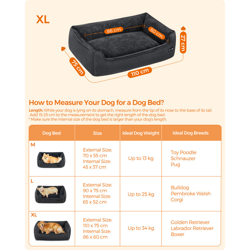 Polyester Pet Bed, Dark Grey, 27cm H x 75cm W x 110cm D