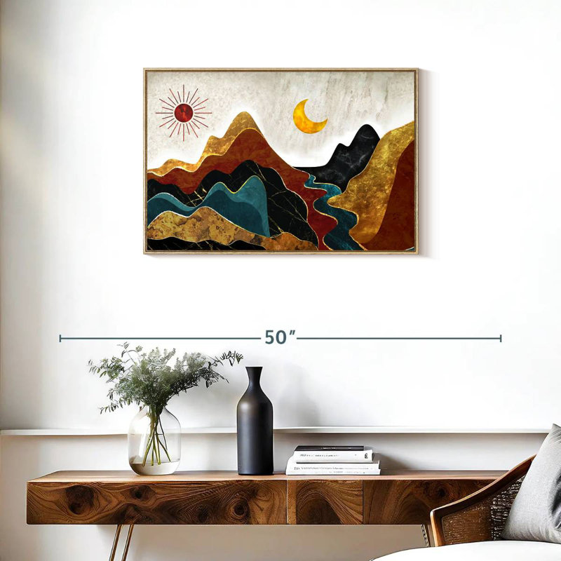 Paysage de montagne texturé abstrait, Cadre flottant en bois naturel, 31 po x 21 po