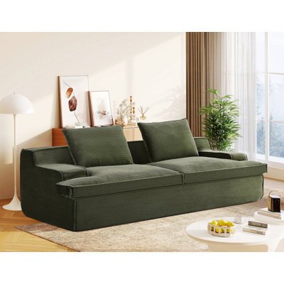 Très grand canapé 4 places entièrement rembourré en mousse de velours côtelé, accoudoirs larges, canapé ergonomique comprimé dans une boîte, sans assemblage, largeur de 90 pouces,
