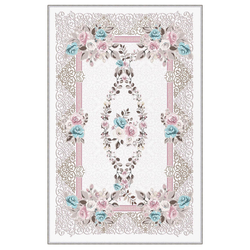 Tapis oriental rectangulaire en polyester tissé à la machine 3 pi 3 po x 6 pi 7 po vert / blanc / rose