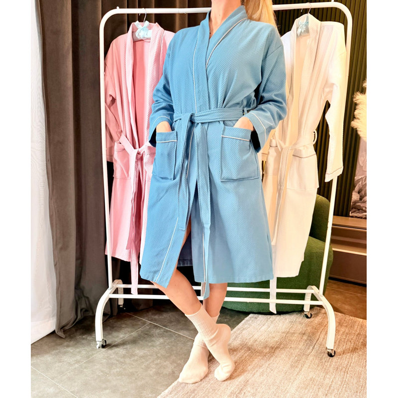 Peignoir unisexe en coton gaufré bleu petit, Bleu, M