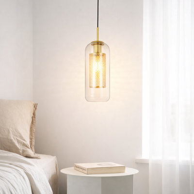Rakai Pendant Lamp 1 Light E27 - Modern Cylinder Gold Glass Hanging Lamp without Bulb