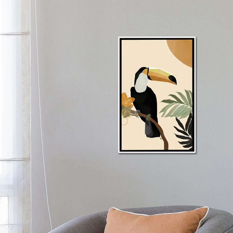 Impression d’art graphique, "Toucan" par Brie Nicole, Pas de tapis, H 26 po x l 18 po x 1,5 po, Toile blanche encadrée