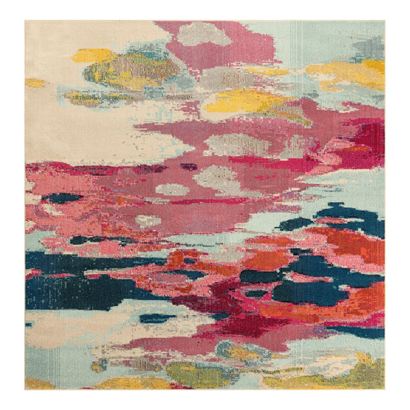 Roshan Machine Made Polypropylene Pink Area Rug, Square 5'3"