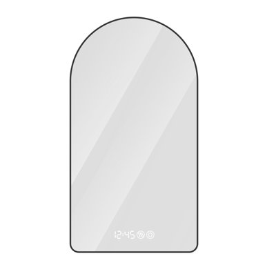 Miroir arqué 28 po x 48 po pour salle de bain, temps et température, brouillard, réglable, 3 températures de couleur, miroir encadré noir pour lavabo, présentoir, à intensité variable,