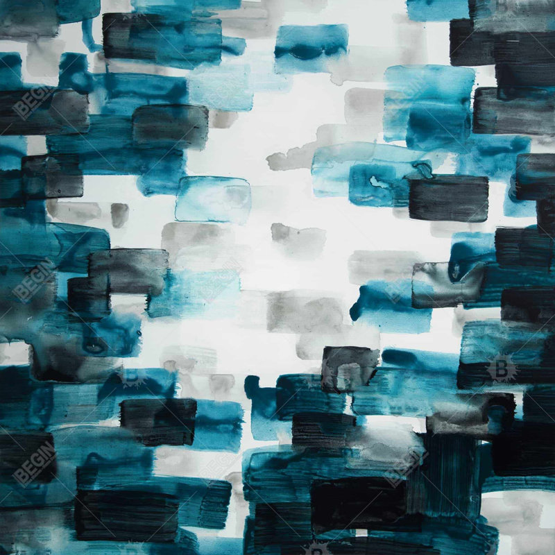 Toile abstraite turquoise et carrés gris - art mural de chambre à coucher, H 24 po x l 24 po