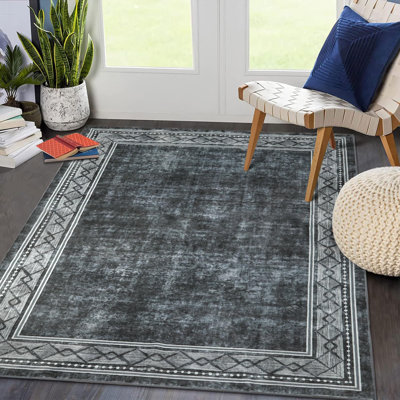 Tapis pour le salon, tapis lavable 9 x 12 pour la chambre à coucher, tapis moderne doux, tapis de porte antidérapant doux, tapis de cuisine antidérapant antidérapant, tapis décoratif à bordure traditionnelle, gris