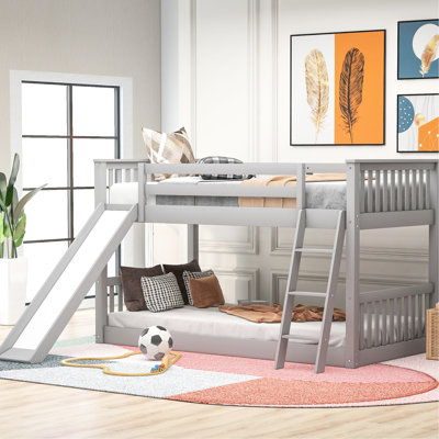 Gray Twin Over Bunk Bed With Built - In And Reversible Slide, Ideal For Family Bedrooms, Space Saving Solution, Wood Frame, Easy Up Twin/twin Construction, Small Simple Assembly, Full Length