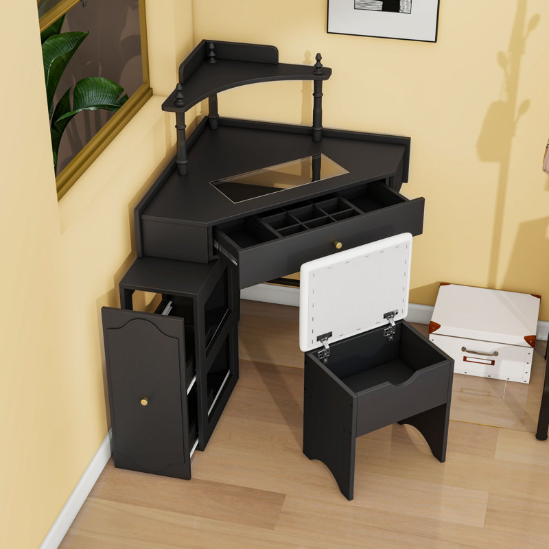 Corner Makeup Vanities Set with Storage Cushioned Stool, Pull-Out Cabinet and Glass Tabletop, Black