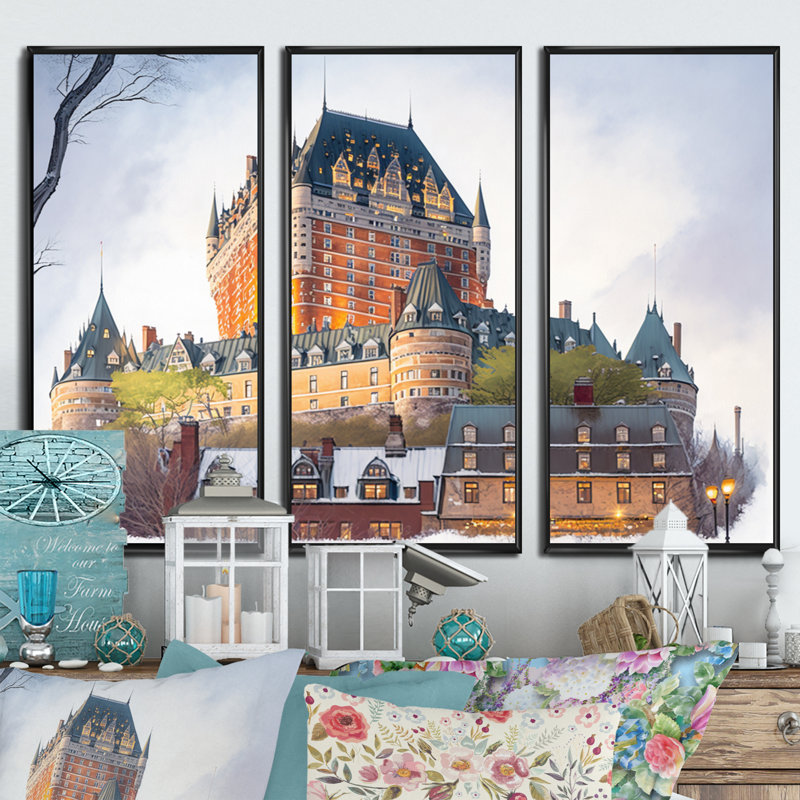 «Fall Season Chateau Frontenac III», reproduction sur toile 3 pièces, Cadre flottant noir, H 28 po x l 36 po x P 1 po