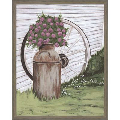 «Rusted Milk Can with Wagon Wheel» par Michele Norman, art mural encadré