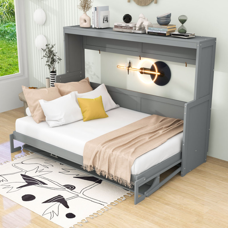 Wood Murphy Bed with Shelves, Gray, Full