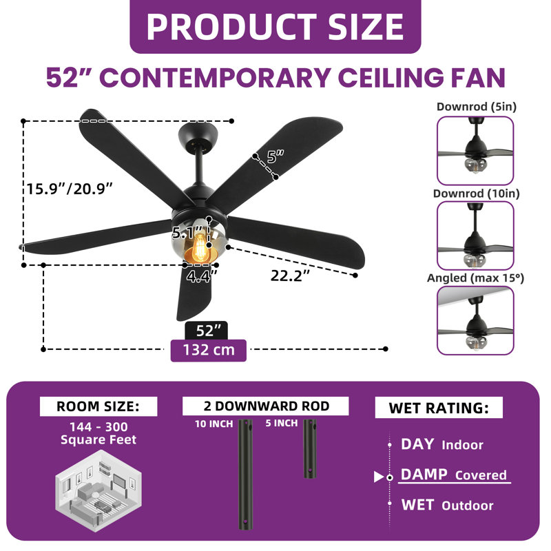 Modern 52" Ceiling Fan With Light And Remote, Black, Black