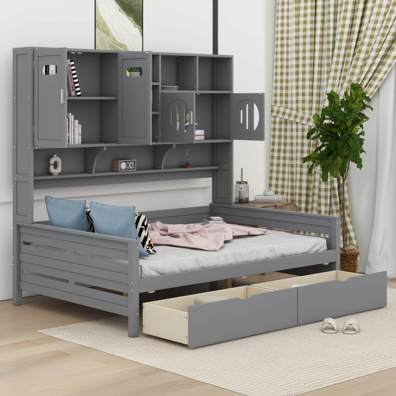  Lit de jour en bois Chaille avec 2 tiroirs, armoire et tablette tout-en-un, Double, Gris