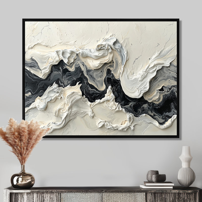 Marbre moderne, transfert de l'encre monochrome V - art mural abstrait en marbre, H 30 po x l 40 po, Cadre flottant, Noir