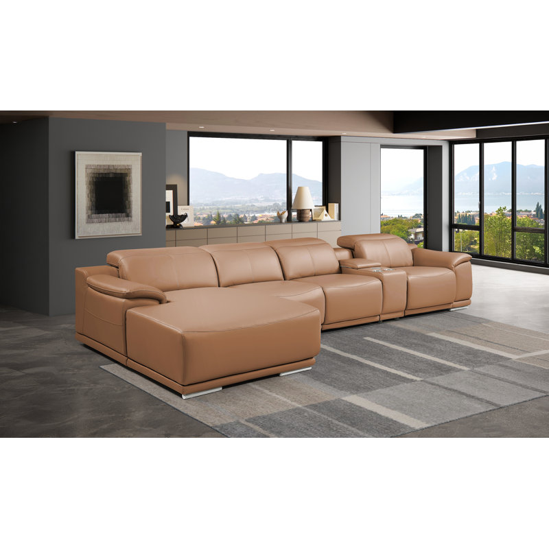 Canapé modulaire en forme de L 5 pièces DivanItalia, Cuir véritable cognac, Orienté vers la gauche