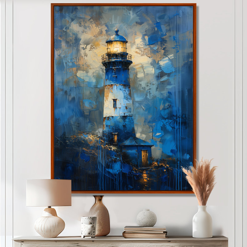 Tempête bleue tour de phare I - impression d'art mural phares, H 34 po x l 44 po, Cadre flottant brun