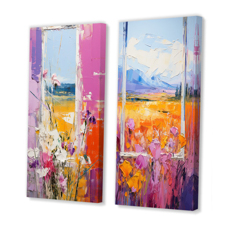 Ensemble de 2 décorations murales roses et jaunes à motif floral Windows Breeze I, Toile tendue, H 28 po x l 25 po