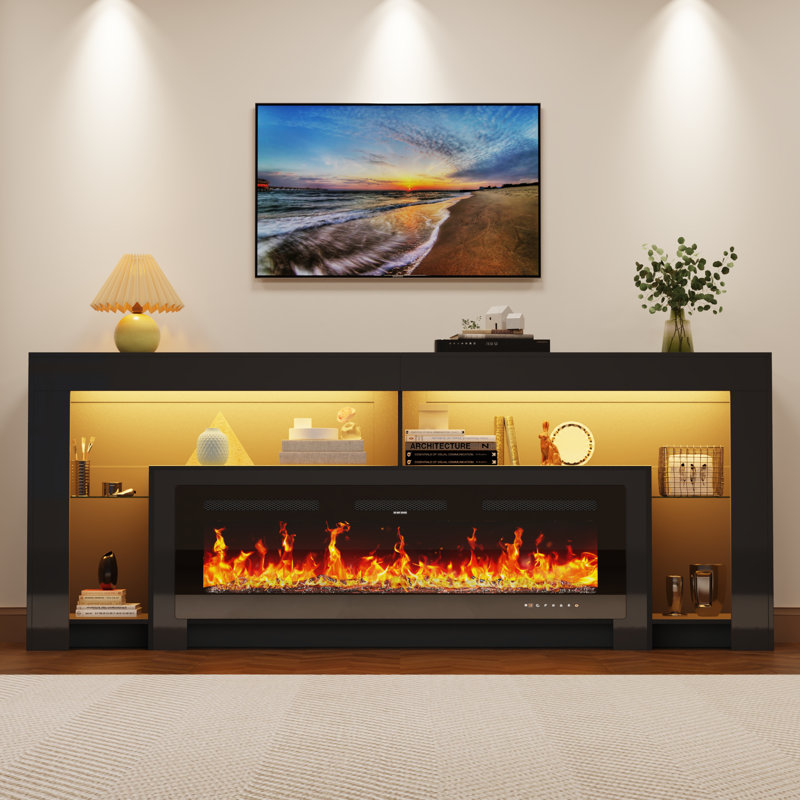 Aitan 83" Fireplace TV Stand For 85/90''TV With 50'' Fireplace And LED Lights, 38"H x 83"L x 16"D, Black, With Fireplace