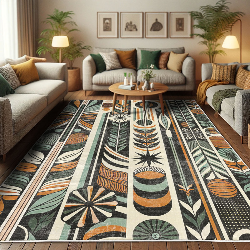 Pale Teal and Dark Orange Geometric Synthetic Area Rug 2'3" x 3'9"