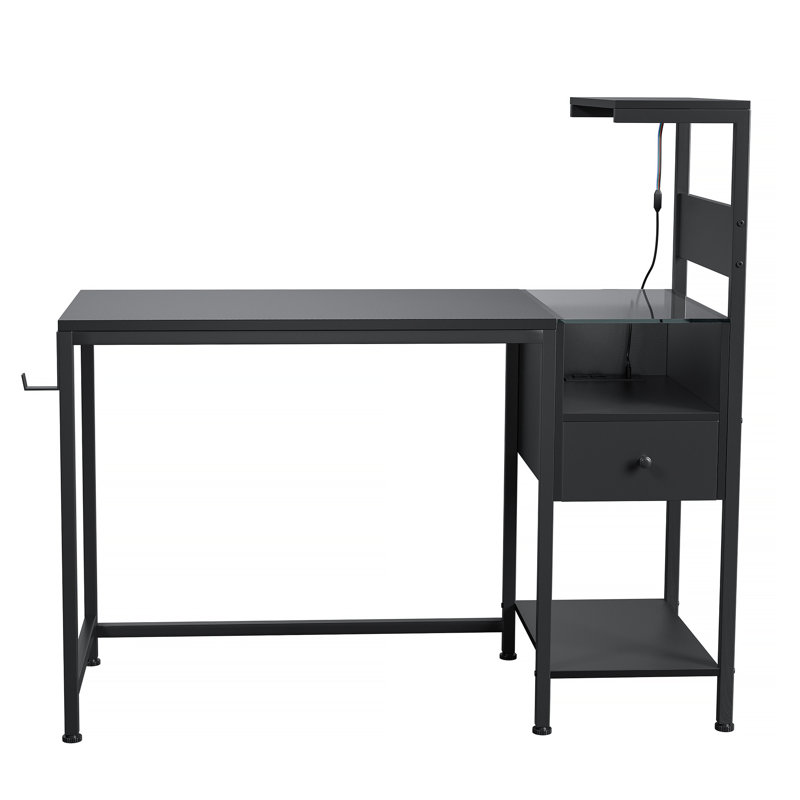Computer Desk With Power Outlet & Storage Shelves, Study Table With USB Ports Charging Station, Black