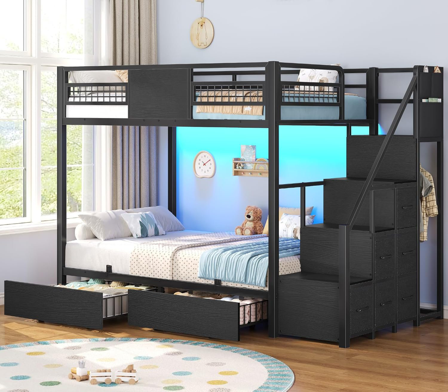 Wrought Studio Bunk Bed Twin Over Twin With Stairs, Led Lights Twin ...