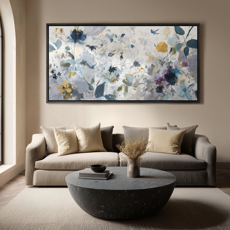 Grand art mural sur toile encadré, doux et neutre, motif botanique floral abstrait - 60 po x 20 po, 60 po x 30 po, Noir