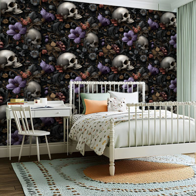 Papier peint adhésif peler et coller en PVC, revêtement mural auto-adhésif amovible avec crâne gothique foncé, reproduction d'art botanique rétro, imperméable pour la décoration intérieure - rouleau