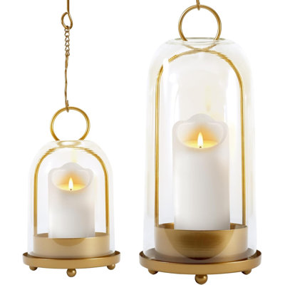 Glass Candle Holders, Large & Medium Brass Lanterns Hurricane Candlestick Holder for Pillar Candles Vintage