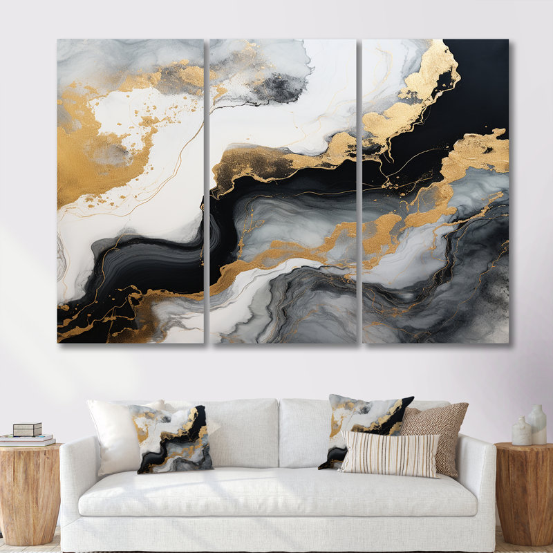 Glam Gold Flows - ensemble d'art mural en marbre noir, H 60 po x l 84 po x P 1,5 po, Toile tendue