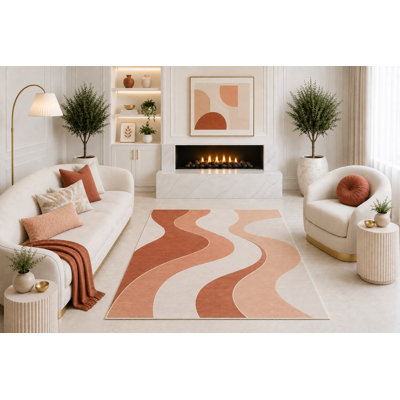 Tapis abstrait terracotta « ultra léger » 152 x 213 cm, style bohème moderne, géométrique et organique, idéal pour le salon, la chambre ou la salle à manger. Dos en silicone antidérapant. Poils courts.