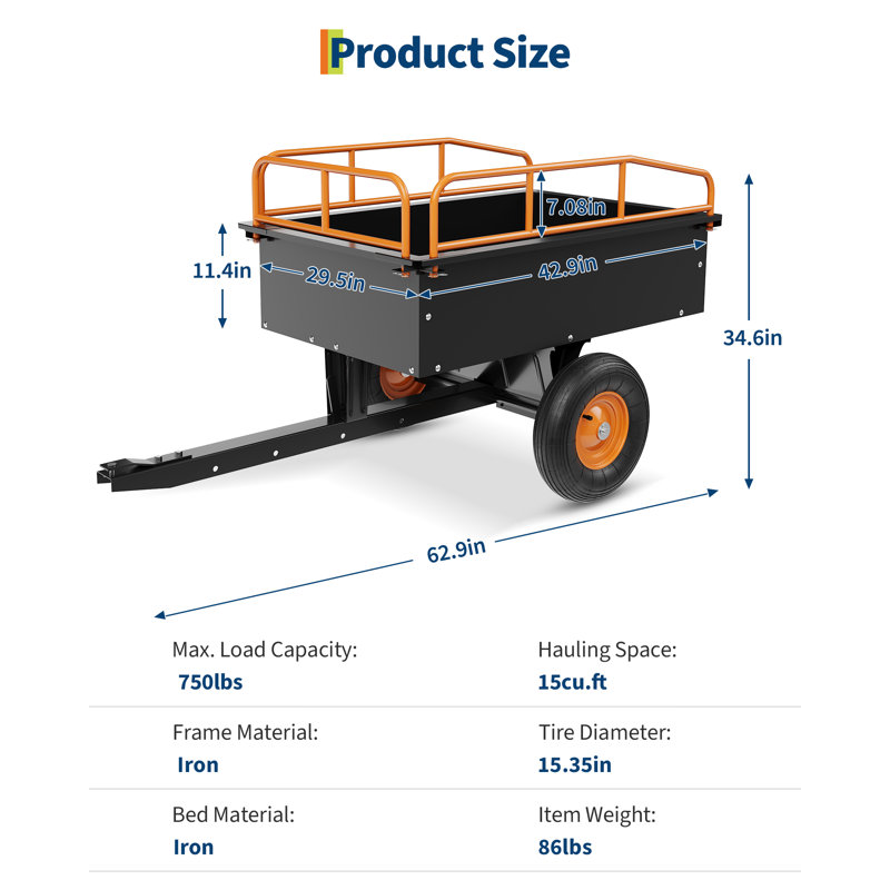 Chariot à benne en acier robuste de 750 lb Pi. Capacité, système de déversement rapide et pneus pneumatiques, Orange