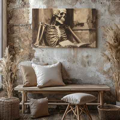 Toile, sépia, lecteur de squelette, poétique, nature morte et mémoire, art mural prêt à accrocher